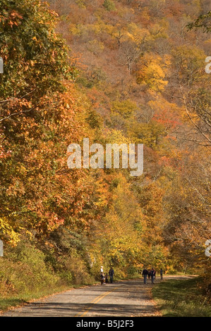 People walking on closed for traffic section of Blue Ridge Parkway near Asheville, North Carolina, USA Stock Photo