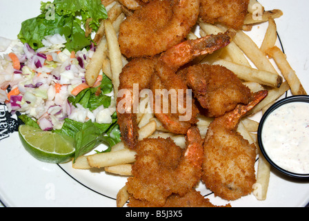 Deep fried breaded gulf shrimp with French fries coleslaw and tartar sauce dinner Stock Photo