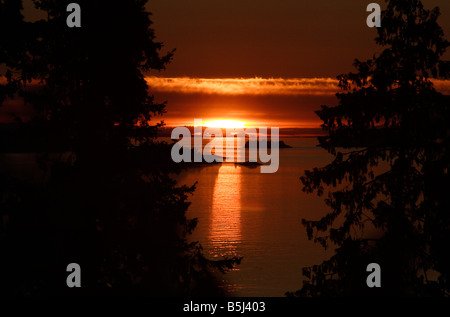 Winchelsea Islands dramatic sunset through conifers at north Nanaimo Vancouver Island BC in July Stock Photo