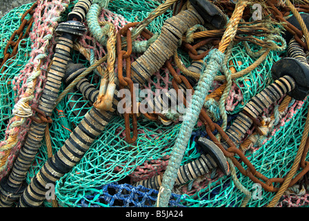 fishing nets harbour quay wall side multicolour Stock Photo