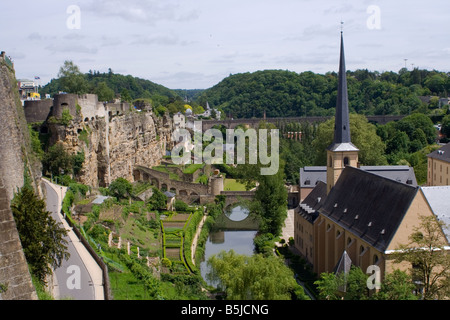Panorama of Alzette river and Neumunster Abbey in Grund Luxembourg Stock Photo