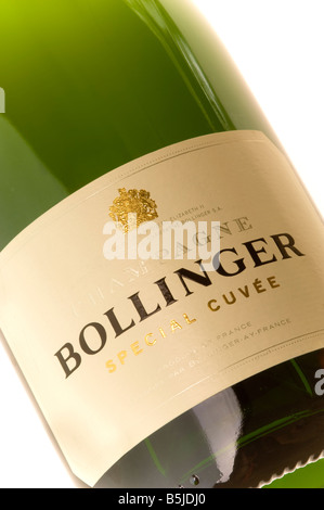 Closeup of the label on a bottle of Bollinger Champagne, seen against a white background. Stock Photo