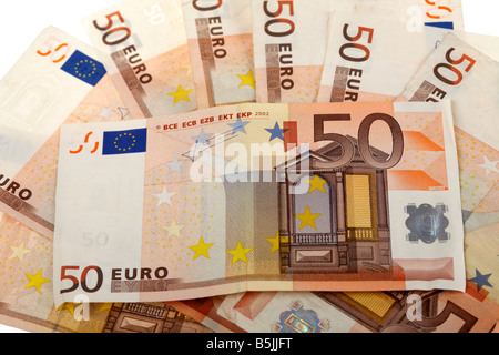 pile of 50 euro bank notes cash Stock Photo