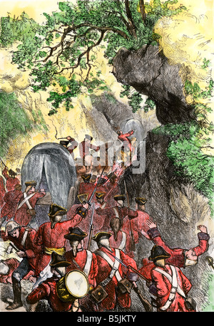 Braddock s forces ambushed on their march to Fort Duquesne French and Indian War 1755. Hand-colored woodcut Stock Photo