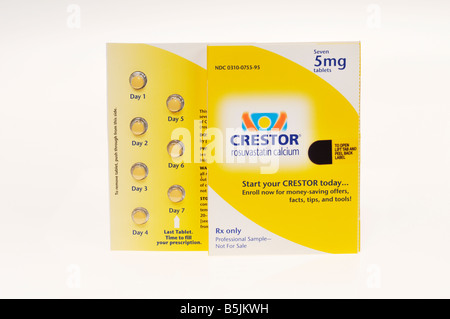 Crestor cholesterol lowering statin prescription drug package of pills on white background, isolated. Stock Photo