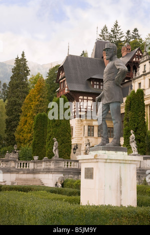 Sinaia Prahova Transylvania Romania Statue of King Carol I in terrace gardens outside 19th century Castle Peles Stock Photo