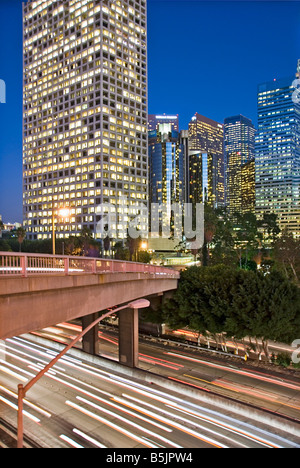 US 101, Harbor Freeway LA Skyline, Dusk Los Angeles, California, USA ...