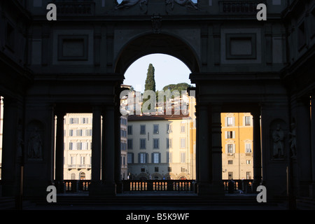 View toward the Arno River from Uffizi gallery courtyard, Florence, Italy Stock Photo