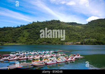 Little boats on Carp Lake in Hualien County, Taiwan Stock Photo