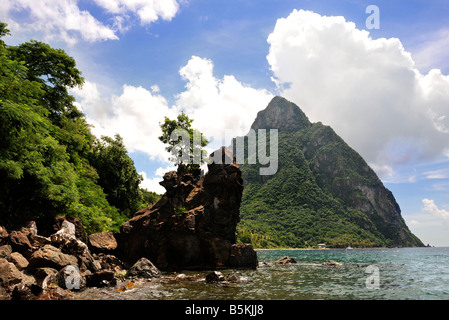 A VIEW OF THE MOUNTAIN PETIT PITON FROM A BEACH NEAR SOUFRIERE ST LUCIA Stock Photo