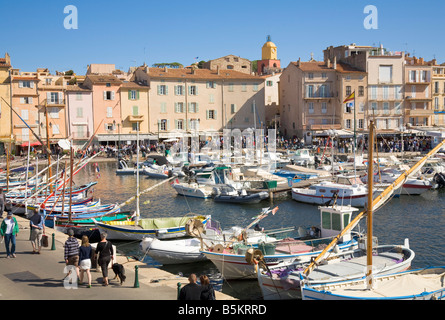 Sailing boats are situated in the port of Saint-Tropez at the Cote d'Azur / Provence / Southern France Stock Photo