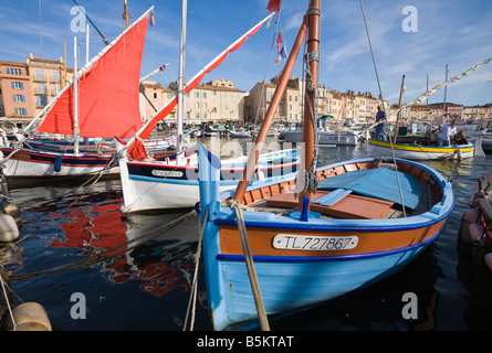 Sailing boats are situated in the port of Saint-Tropez at the Cote d'Azur / Provence / Southern France Stock Photo