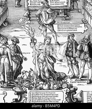 Fortuna, Roman goddess of fortune, woodcut by Jost Amman (1539 - 1591), detail from an allegory of trade, Stock Photo
