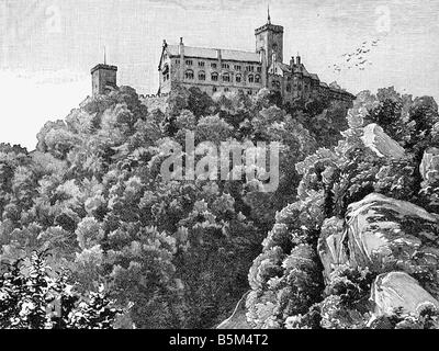 geography / travel, Germany, Eisenach, Wartburg, exterior view, wood engraving, late 19th century, Thuringia, castle, Europe, historic, historical, UNESCO World Cultural Heritage Site, Stock Photo