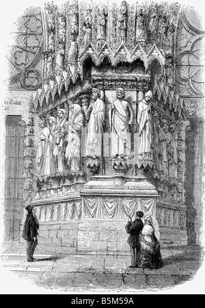 geography / travel, France, Reims, Cathedral Notre Dame, exterior view, detail, portal, wood engraving, 19th century, religion, christianity, catholic church, Burgundy, Europe, historic, historical, fine arts, people,