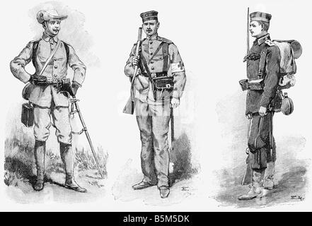 geography / travel, China, politics, Boxer Rebellion, equipment of the German East Asian expedition force, from left to right: lieutenant, NCO of the medical corps, sergeant, engraving, Germany, 1900, Stock Photo