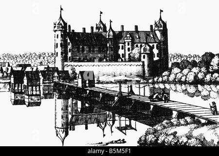 geography / travel, Germany, Berlin, Koepenick Castle, exterior view, copper engraving, early 17th century, Hohenzollern, Brandenburg, historic, historical, Kopenick, Köpenick, people, Stock Photo