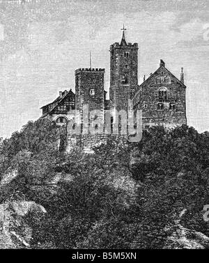 geography / travel, Germany, Eisenach, Wartburg, exterior view wood engraving, 2nd half 19th century, Thuringia, castle, Europe, historic, historical, UNESCO World Cultural Heritage Site, Stock Photo