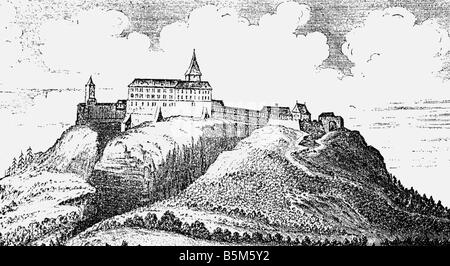 geography / travel, Germany, Eisenach, Wartburg, exterior view, woodcut, 17th century, Thuringia, castle, Europe, historic, historical, UNESCO World Cultural Heritage Site, Stock Photo