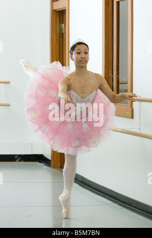 A ballerina in a pink tutu in an arabesque pose on pointe on the barre. Stock Photo