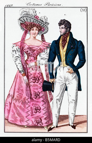 Costumes Parisiens 1827 colour print of the latest clothes from a fashion magazine Stock Photo