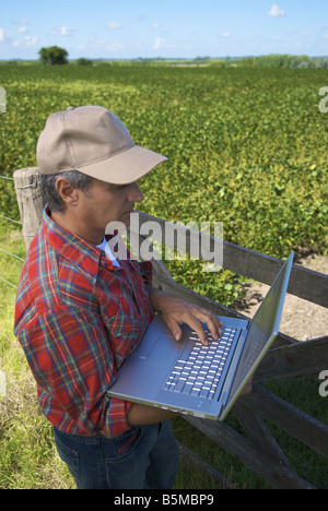 A man using a laptop in a field of soybeans Stock Photo