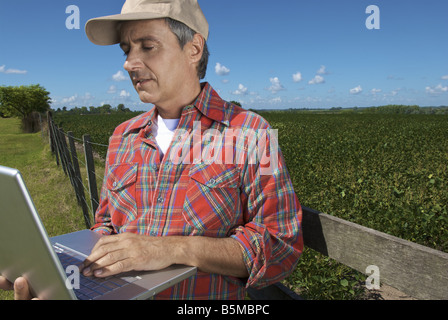 A man using a laptop in a field of soybeans Stock Photo
