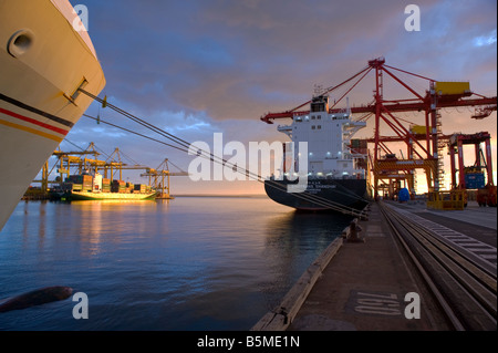 Container ship vessels docked at Botany container terminal with overhead cranes for loading in evening sunset light and clouds Stock Photo