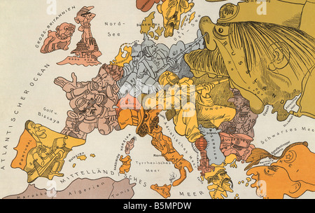 9 1914 8 0 E1 Europe in 1914 Satirical Map First World War Maps Karte von Europa im Jahre 1914 Map of Europe 1914 Map by W Trier Stock Photo
