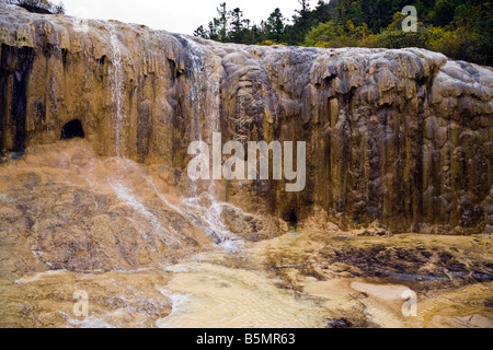 Travertine calcified Golden Flying Waterfall in Huanglong Sichuan Province China JMH3527 Stock Photo