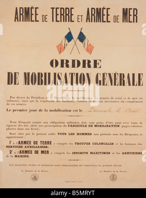 9FK 1914 8 2 A1 3 French Mobilisation Order 2 8 1914 World War I Outbreak of War Mobilisation on 2nd August 1914 General Mobilis Stock Photo