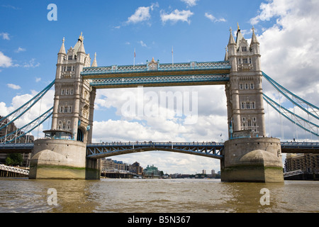 Tower Bridge as seen from a boat on a cruise down the middle of The River Thames Stock Photo