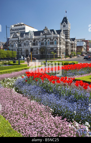 Spring Flowers and Historic Law Courts Dunedin South Island New Zealand Stock Photo