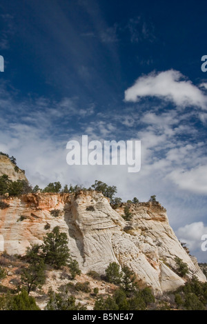 Cream and gold rocky hillside with vegetation set against a deep blue sky with white cloud formations Stock Photo