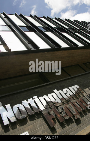 City of Nottingham, England. The Peter Moro designed Grade II* listed Nottingham Playhouse Theatre sign at Wellington Circus. Stock Photo