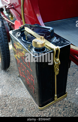 Old spare petrol can attached to vintage car Stock Photo