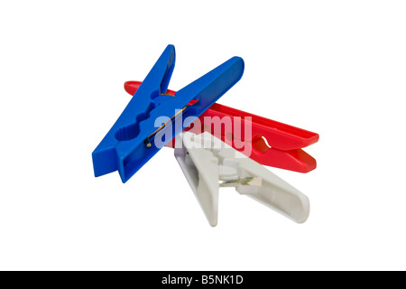 Closeup of three different colored clothes pegs isolated on a white background. Stock Photo