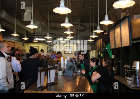 Interior of the original Starbucks coffee house at Pike Place Market in Seattle USA Stock Photo