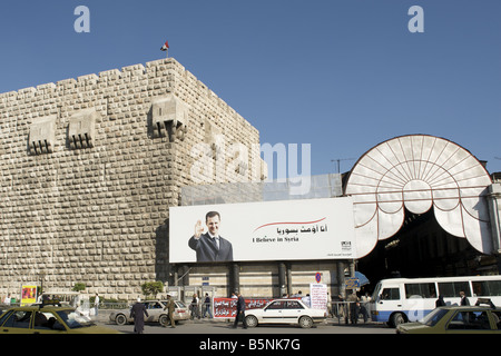 Poster of President Bashar al-Assad at entrance to Souk al-Hamidiyya , Damascus, Syria. Stock Photo