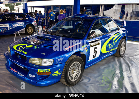 1999 Subaru Impreza WRC in the garage at Goodwood Festival of Speed, Sussex, UK. Richard Burns' Championship 2nd place car. Stock Photo