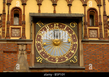 Astronomical clock at Town Hall, Rynek Square, Wroclaw, Poland Stock Photo