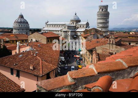 View of the Piazza dei Miracoli which includes the Leaning Tower as seen from a nearby hotel roof Pisa Italy Stock Photo