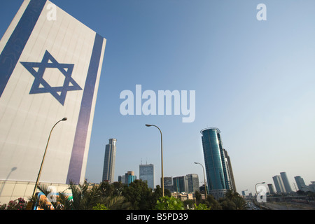 GIANT ISRAELI FLAG  RAMAT GAN SKYLINE TEL AVIV ISRAEL Stock Photo
