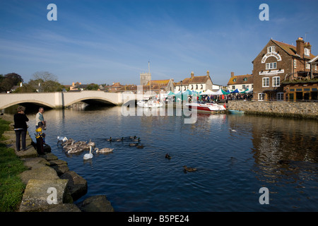 The Quay and the River Frome at Wareham, Dorset, UK situated on the Isle of Purbeck with people not identifiable feeding swans. Stock Photo