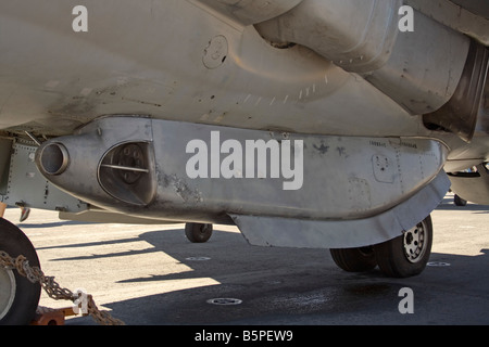 25mm gun pod mounted beneath the fuselage of a US Marine Corps AV-8B Harrier military jet fighter. Stock Photo