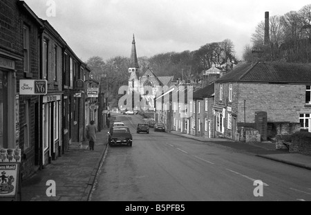 UK Cheshire Bollington Palmerston Street in 1970s seventies 70s K6 phone box in Pool Bank black and white Stock Photo