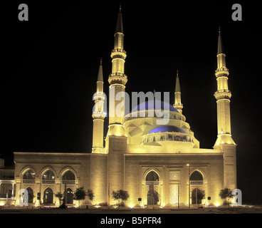 Mohammed al-Amin Blue Mosque in Beirut in Lebanon taken at night under flood lighting Stock Photo