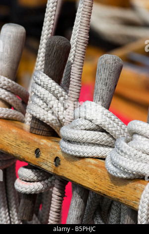 Old wooden vessel details on the shrouds Stock Photo