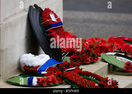 Wreaths laid by HM Queen Elizabeth II and other members of the British Royal family at the Cenotaph in Whitehall London Stock Photo