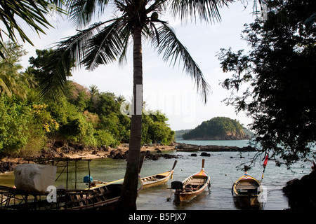 Boats anchored in an inlet at Ban Sang Ga-u, a sea gypsy village in Ko Lanta, Thailand. Stock Photo